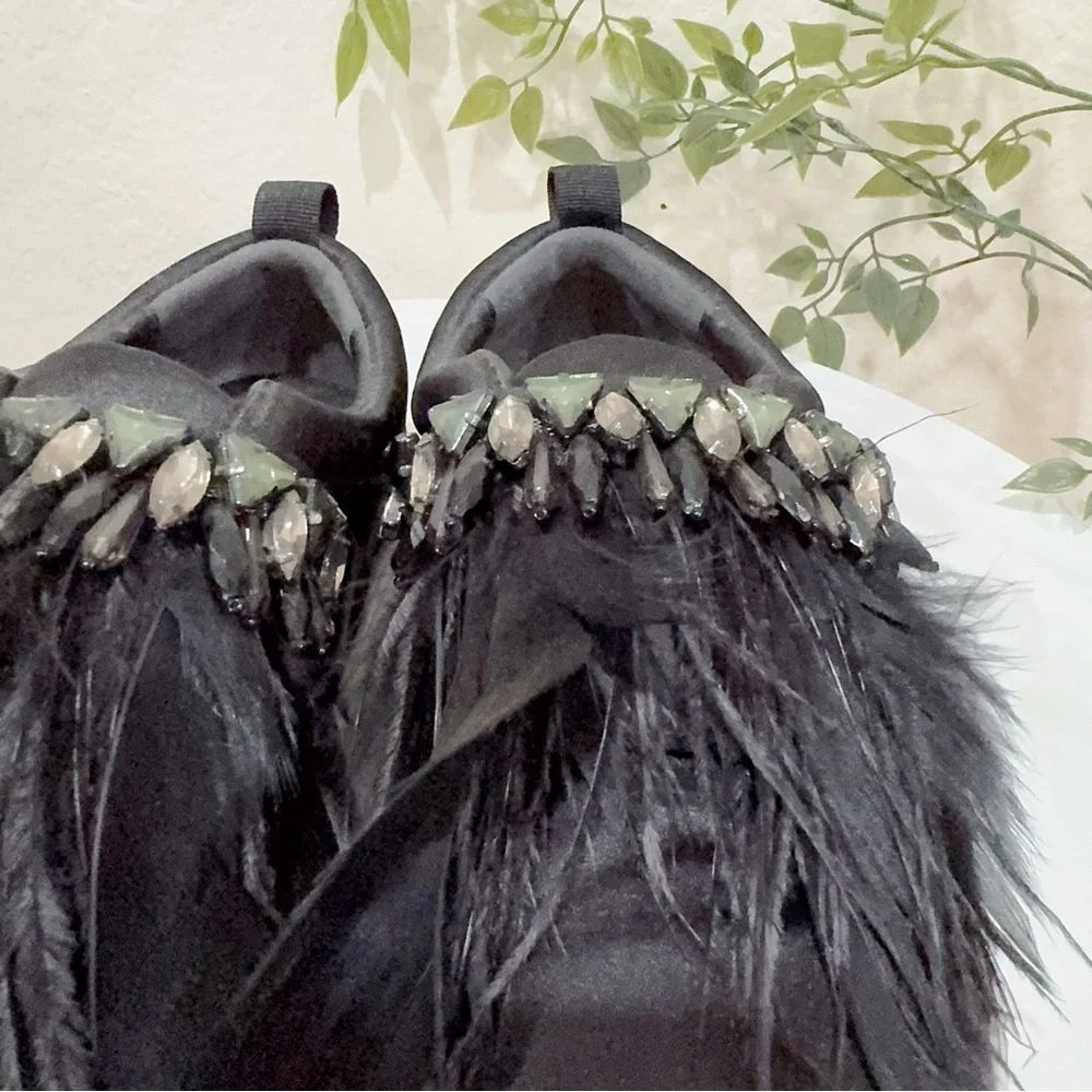 Sam Edelman Black Satin Sneaker Flats with Crystal and Feathers Size 6 Preowned